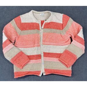LL Bean Stripe Cardigan Sweater Womens M Petite Red Tan Pink‎ Button Front Knit